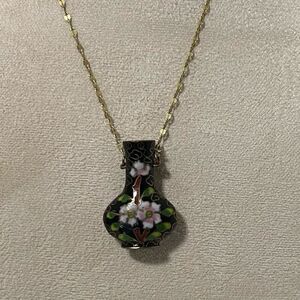 Vtg Chinese Cloisonne Mini Vase Pendant Necklace 15” Gold 925 Italy SPI Chain